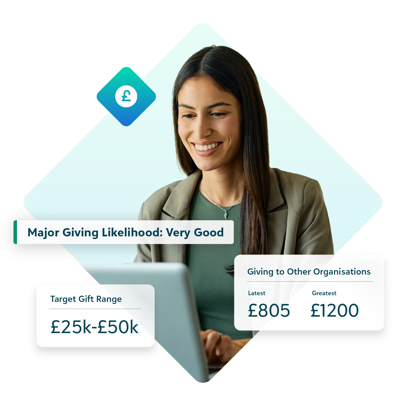 Professional woman using AI tools to evaluate major giving likelihood and donor data