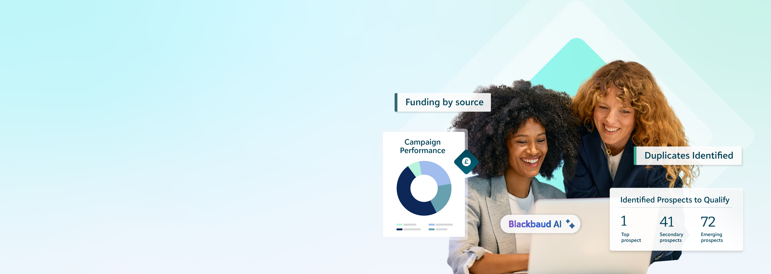 Two professional women reviewing AI-driven fundraising insights and donor data on a laptop