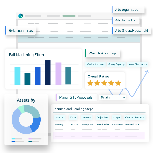 Donor management dashboard displaying relationships, fall marketing performance, wealth ratings, and planned engagement steps.
