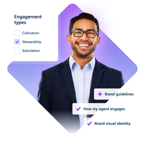 Smiling man in a suit beside a panel showing donor engagement types, brand guidelines, and AI agent settings.