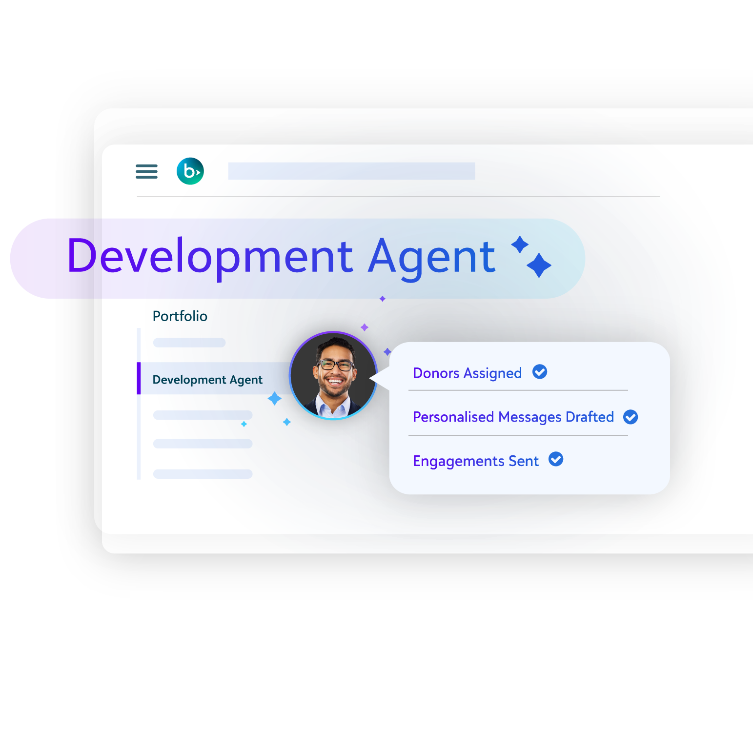 Illustration of a Development Agent dashboard showing automated donor outreach tasks completed, including identifying prospects, drafting personalized messages, and sending engagements.